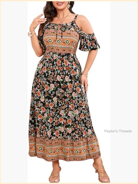Dresses & Skirts - Plus Size Cold Shoulder Floral Maxi Dress Pleated Boho A-Line Rayon